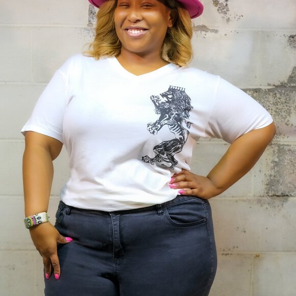 Royal Lion - V-neck WhiteT-Shirt - by Devils May Care - Unisex - Picture 6 of 7